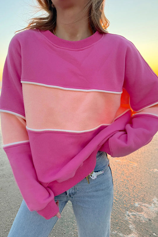 Pink Colorblock Drop Shoulder Ribbed Trim Sweatshirt