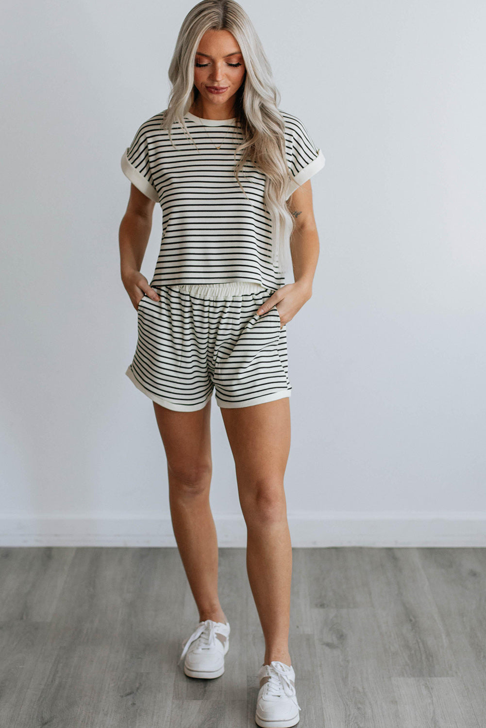 White Stripe Contrast Edge Two Piece Set